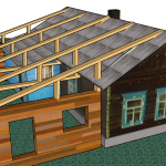 Проект пристроя к деревянному дому с переделкой одного ската крыши